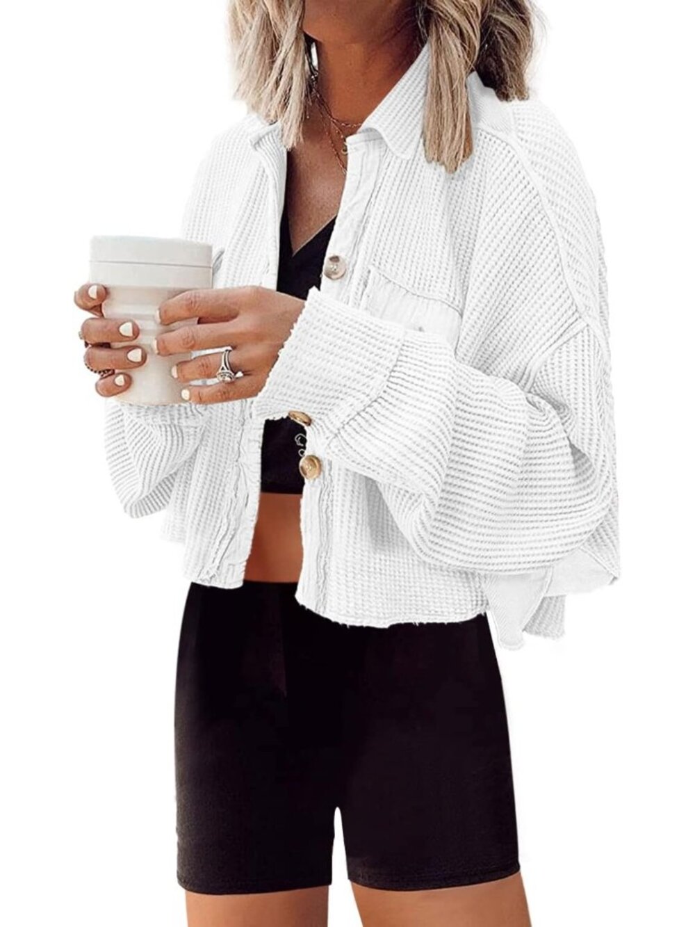 Women's White Cropped Waffle Knit Button Down Batwing Sleeve Cardigan Jacket
